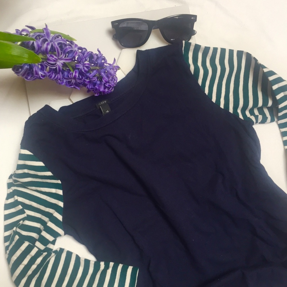 J.Crew Navy with Green Stripe Sleeve Shirt